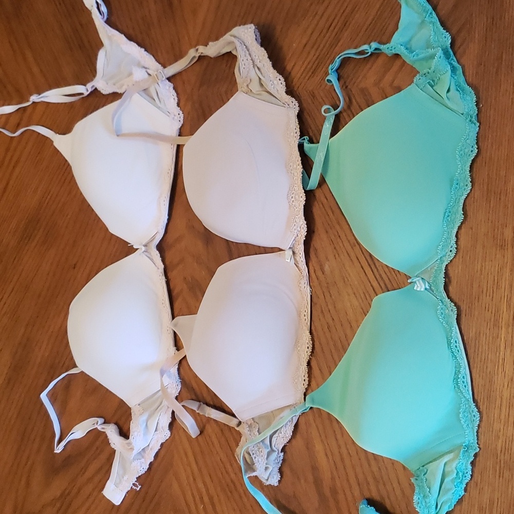 3 Victoria's secret angels wireless bras pink, tan, green size 34B